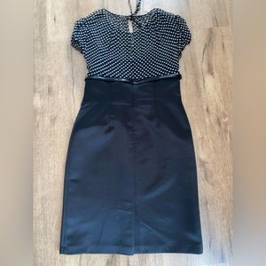 Tahari Black Chiffon White Polka Dot Belted Knee Length Sheath Dress Size 10